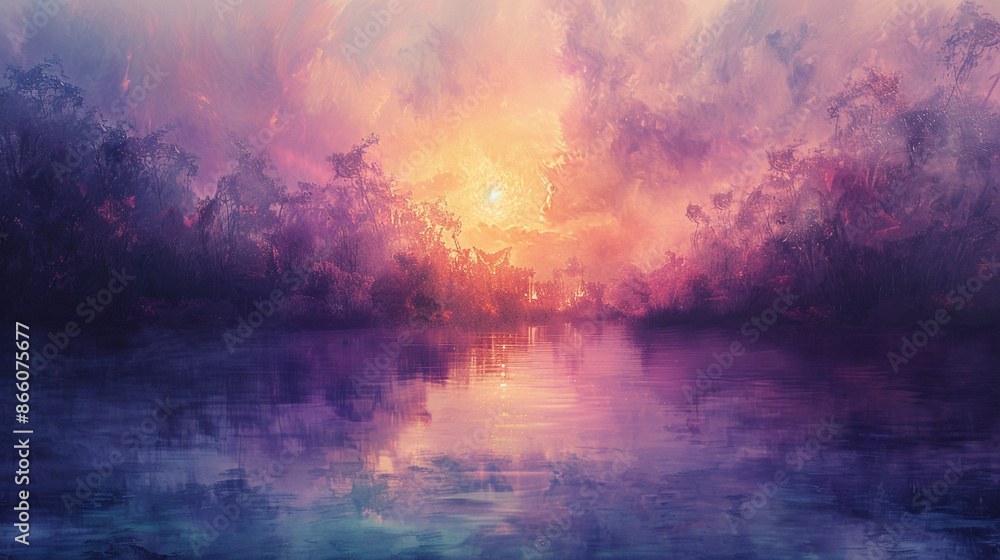 Naklejka premium Ethereal landscapes with soft, blended hues of lavender, teal, and gold, reflecting the luminous quality of oil painting techniques.