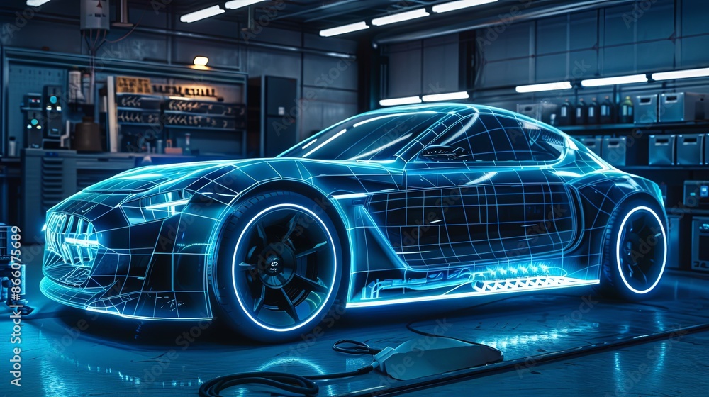 A high-performance sports car designed with neon wireframe elements emphasizing its curves and features, parked inside a modern, well-lit automotive workshop. A high-performance sports car designed with neon wireframe elements emphasizing its curves and features, parked inside a modern, well-lit automotive workshop.