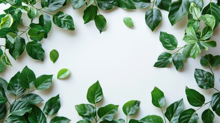 Fresh green leaves border on white background with retro tones