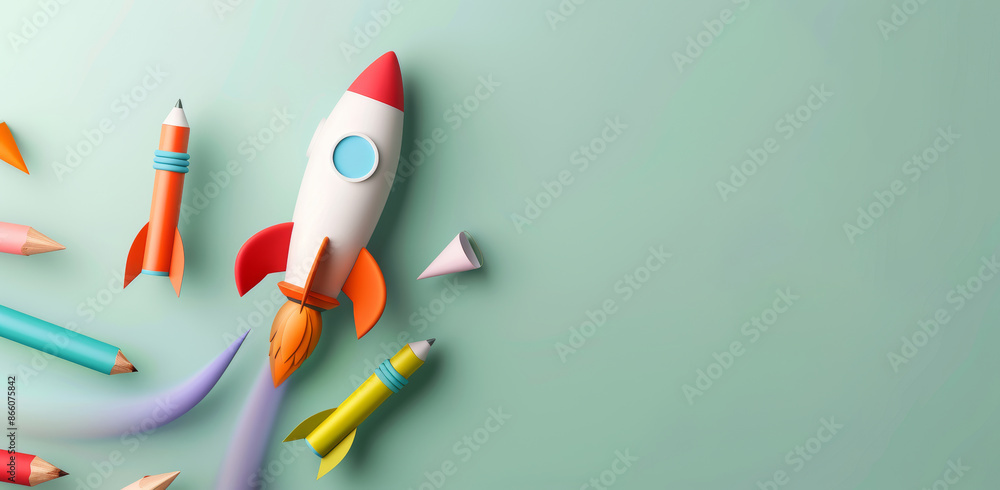 3D cartoon rocket with school elements flying on a light green background 3D cartoon rocket with school elements flying on a light green background