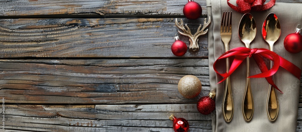 Flatware wrapped with ribbon on a napkin on a wooden surface, surrounded by Christmas ornaments and a reindeer, perfect for your design in a copy space image.