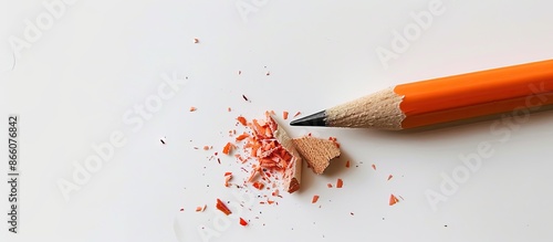 A broken pencil and an eraser are displayed against a white backdrop with ample space for additional content or text in the image. photo