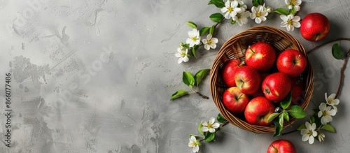 A flat lay view of a basket with ripe red apples, apple blossom flowers, and copy space image from above. © HN Works