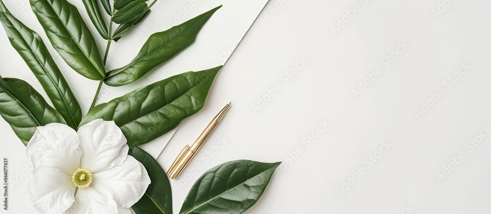 Flat lay arrangement with a white flower, green leaves, a white notepad, and a gold pen, creating a visually appealing composition with empty space for text or graphics in the image. Copy space image Flat lay arrangement with a white flower, green leaves, a white notepad, and a gold pen, creating a visually appealing composition with empty space for text or graphics in the image. Copy space image