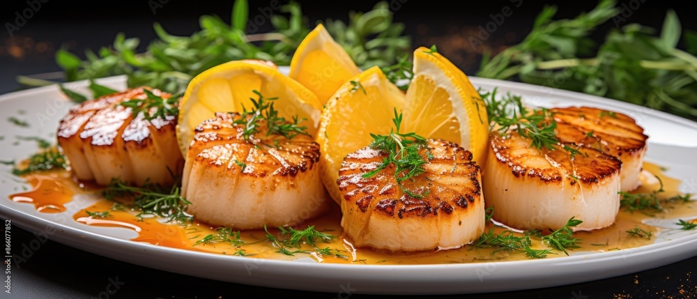 Delicate Seared Scallop Dish with Herbs and Lemon on White Background - Fresh and Inviting Culinary Photography Delicate Seared Scallop Dish with Herbs and Lemon on White Background - Fresh and Inviting Culinary Photography