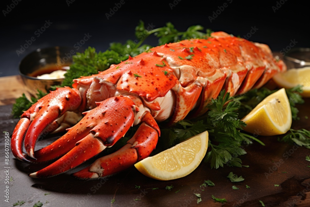 Succulent Cooked King Crab Leg with Lemon and Parsley, Culinary Delight on White Background Succulent Cooked King Crab Leg with Lemon and Parsley, Culinary Delight on White Background