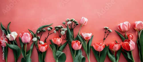 Spring flowers beautifully arranged on a background with copy space image. photo