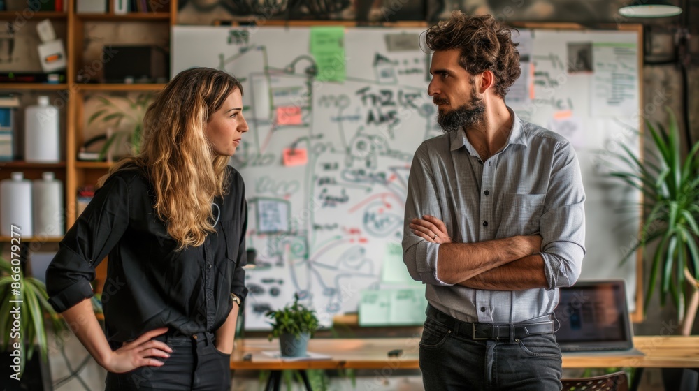 Fototapeta premium Two colleagues having a serious discussion in a modern office, with a whiteboard full of notes and diagrams in the background.