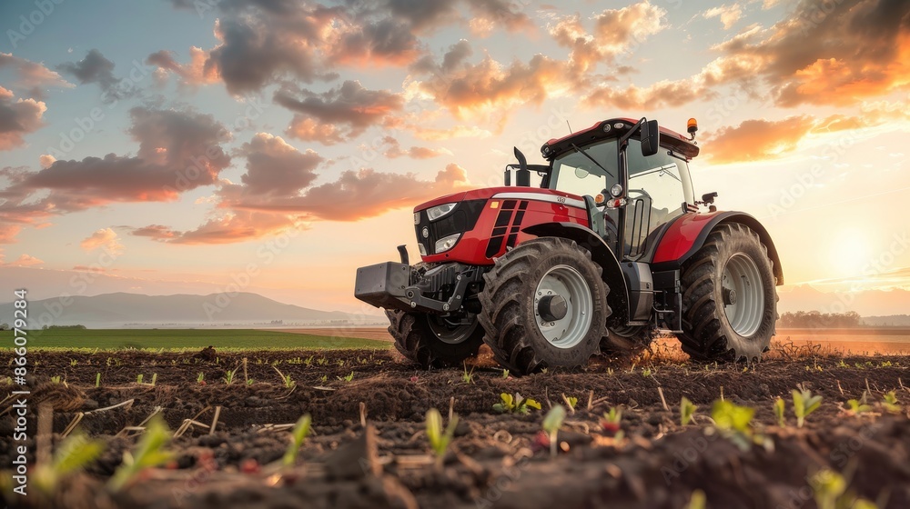 Obraz premium Agriculture tractor working in field Generative AI