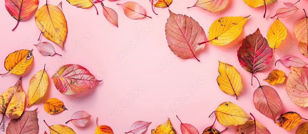 Autumn leaves in yellow and red shades on a soft pink backdrop perfect for adding text or images. Copy space image. Place for adding text and design Autumn leaves in yellow and red shades on a soft pink backdrop perfect for adding text or images. Copy space image. Place for adding text and design