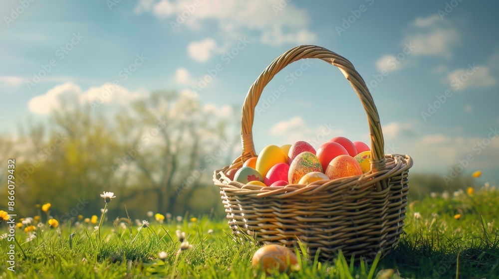 Easter eggs in a wicker basket on a grassy field Easter eggs in a wicker basket on a grassy field