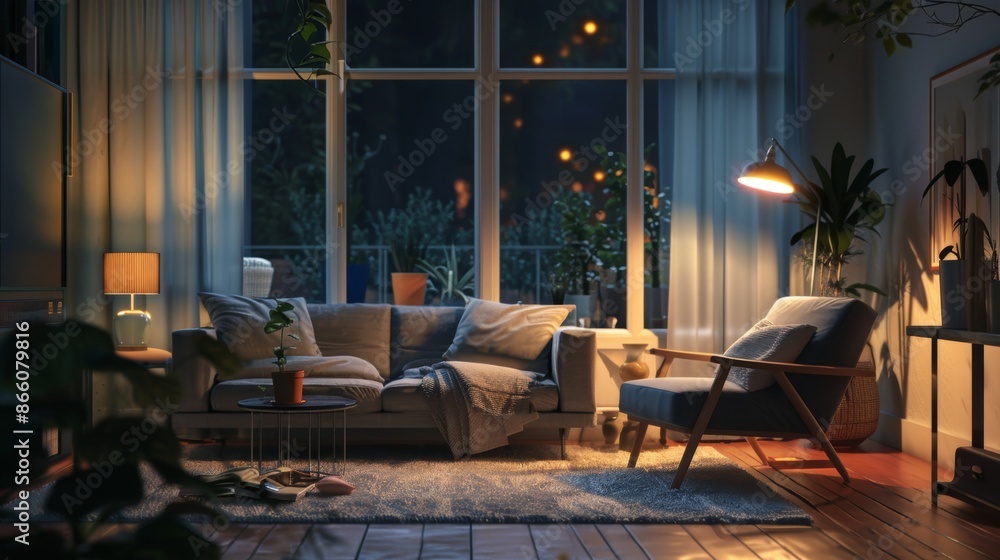 Cozy living room scene with plush gray sofa, armchair, and warm lamplight. Cozy living room scene with plush gray sofa, armchair, and warm lamplight.