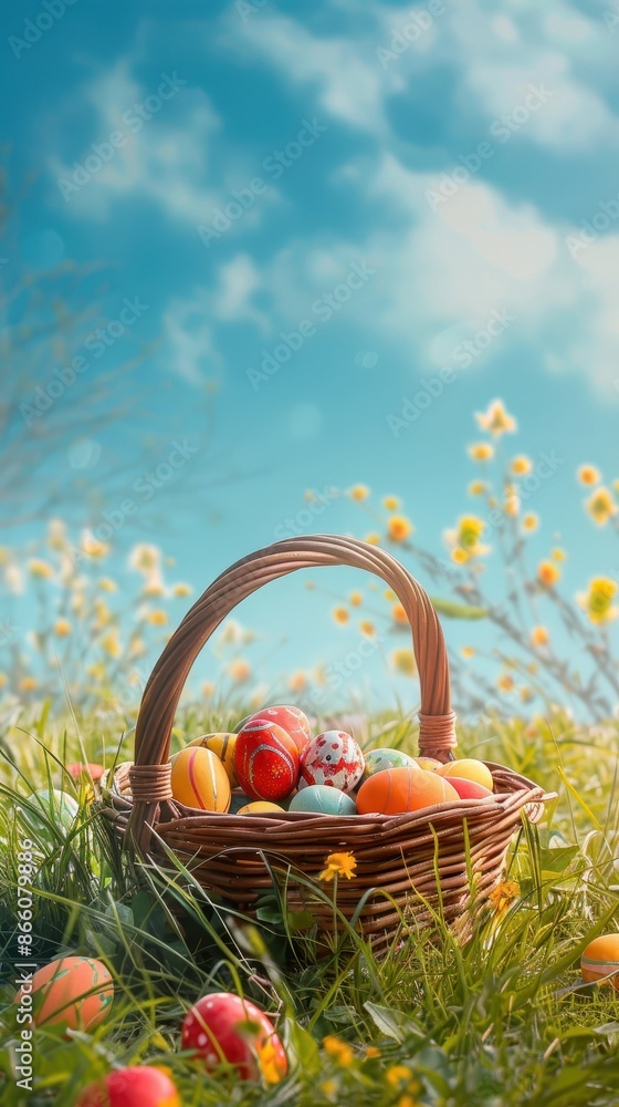 Easter eggs in a basket on green grass Easter eggs in a basket on green grass