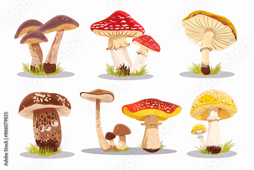 Set with edible and poisonous mushrooms, chanterelles, champignons, porcini mushroom, fly agarics and toadstools, cartoon style. Vector illustration isolated on white, hand drawn, flat design