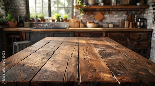 Rustic Wooden Table in Farmhouse Kitchen with Copy Space for Product Display © Thares2020