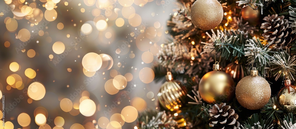 A beautifully adorned Christmas tree is shown in a close-up shot with copy space image. A beautifully adorned Christmas tree is shown in a close-up shot with copy space image.