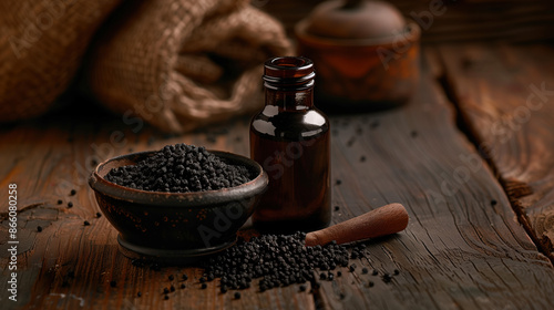 Dark Bottle of Black Cumin Seed Essence, Rustic Kitchen Counter Background