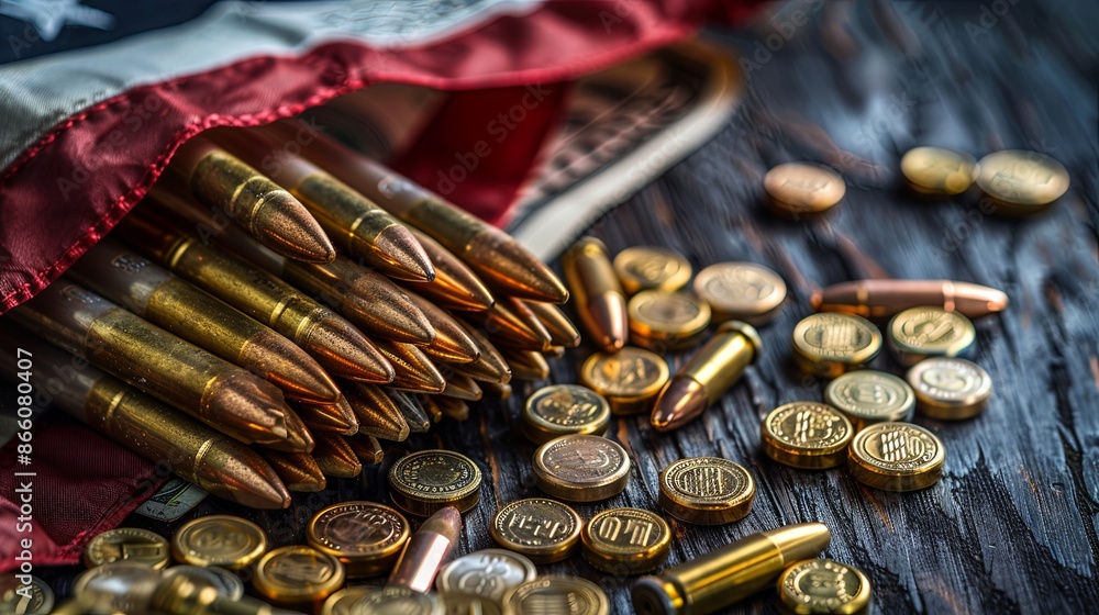 The American flag alongside dollars, bullets, shells, cartridges, and ammunition arranged on a black wooden background The American flag alongside dollars, bullets, shells, cartridges, and ammunition arranged on a black wooden background