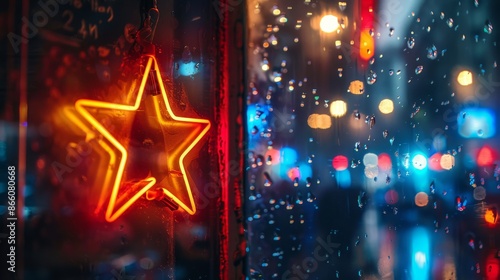 A close-up of a neon star ornament hanging against a window at night, reflecting the lights of the city below, creating a magical and enchanting atmosphere.