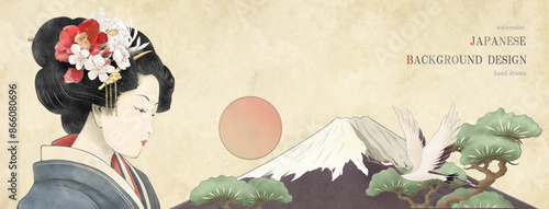 浮世絵, 和, 和風, ベクター, 背景, 水彩, 年賀状, 結婚式, 富士山, 鶴, 花, 椿, 桜, 松, フレーム, 大正ロマン, イラスト, 日の出, 初日の出, 日本画, 水彩画, 和柄, お正月, 人物, 女性, 着物, 金, 金色, 金箔, 女, ファッション, 和紙, 花嫁, 鳥, 日本, 日本文化, かんざし, 山, 淑女, 伝統, 飛ぶ