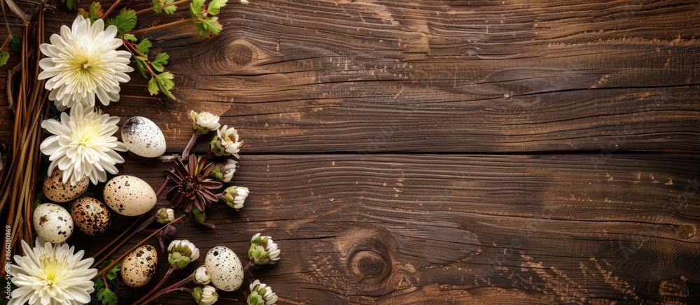 Easter-themed wooden background with a chrysanthemum flower, quail eggs, and copy space image. Easter-themed wooden background with a chrysanthemum flower, quail eggs, and copy space image.
