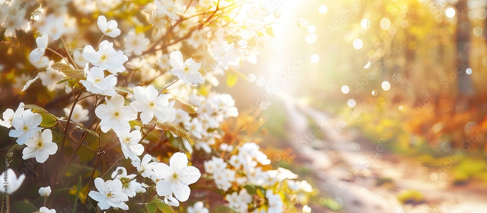 Beautiful white flowers blooming along a scenic country road with copy space image. Beautiful white flowers blooming along a scenic country road with copy space image.