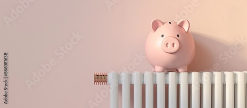 Banner design featuring a piggy bank on a heating radiator placed alongside a light-colored wall with available copy space image.