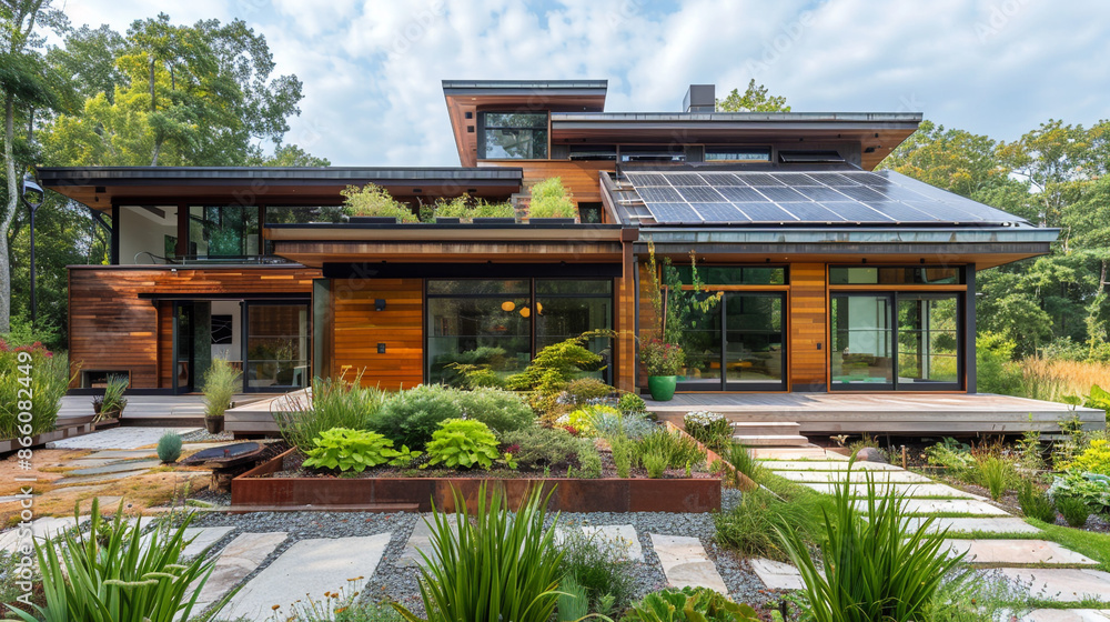 An eco-friendly modern home with a green roof, solar panels, and reclaimed wood siding, featuring a front garden with native plants and a rainwater harvesting system. An eco-friendly modern home with a green roof, solar panels, and reclaimed wood siding, featuring a front garden with native plants and a rainwater harvesting system.