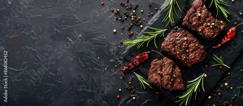 Chuck eye roll steaks with rosemary, chili oil, and peppercorns on a black textured surface in a top-down view perfect for a copy space image.