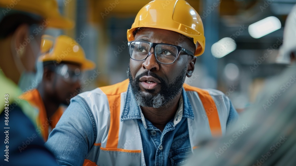 A quality control manager discussing inspection results and process improvements with a team of factory workers in a meeting room. A quality control manager discussing inspection results and process improvements with a team of factory workers in a meeting room.