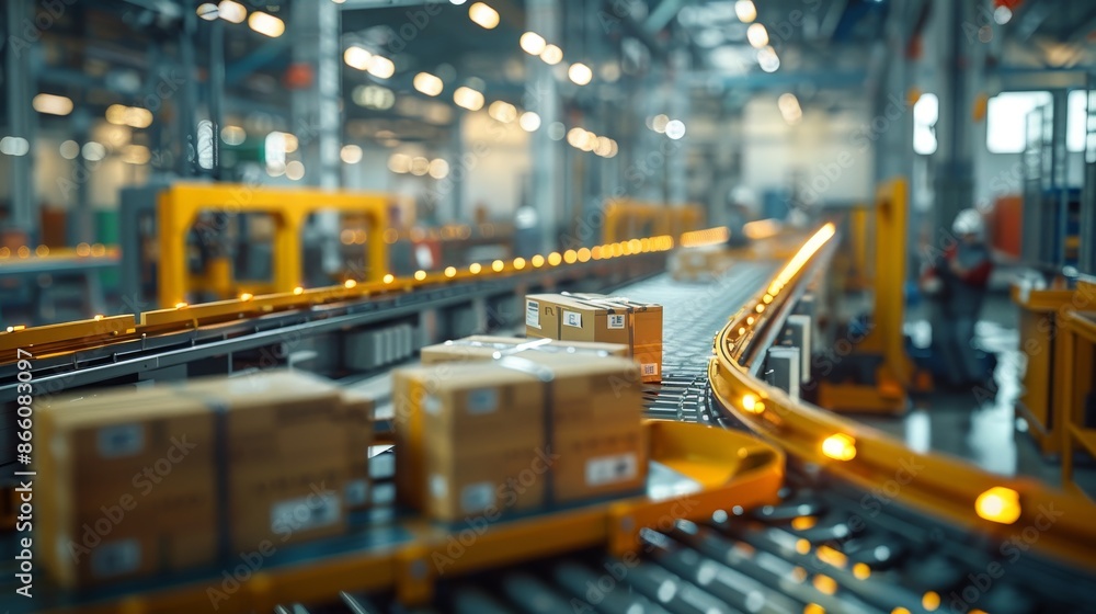 A warehouse scene with a conveyor belt system in operation, transporting packages and materials, with workers monitoring the process. A warehouse scene with a conveyor belt system in operation, transporting packages and materials, with workers monitoring the process.