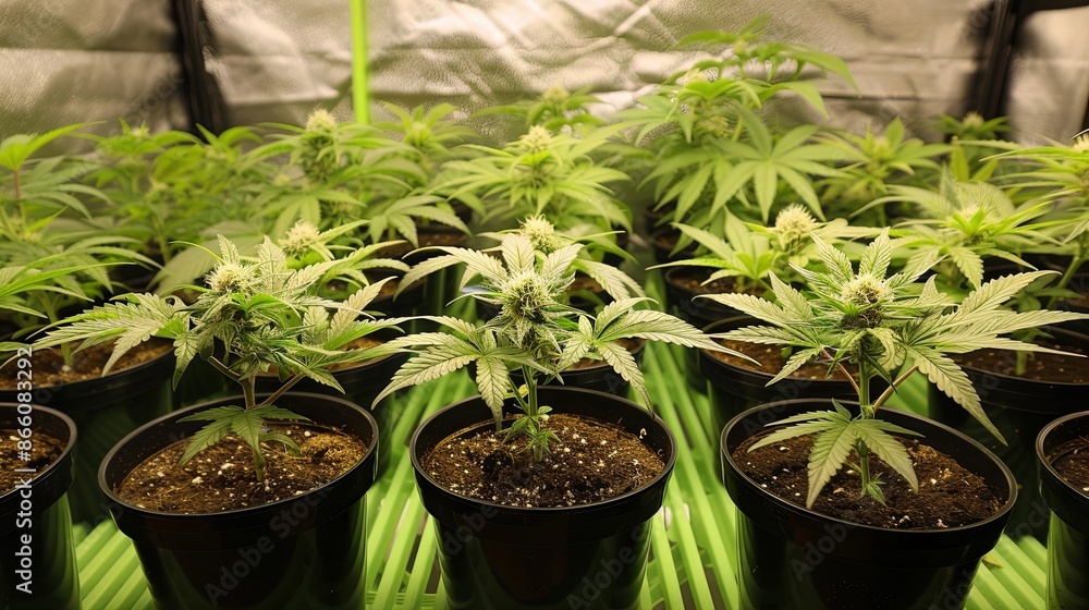 Cannabis plants in bloom growing in an indoor garden Cannabis plants in bloom growing in an indoor garden