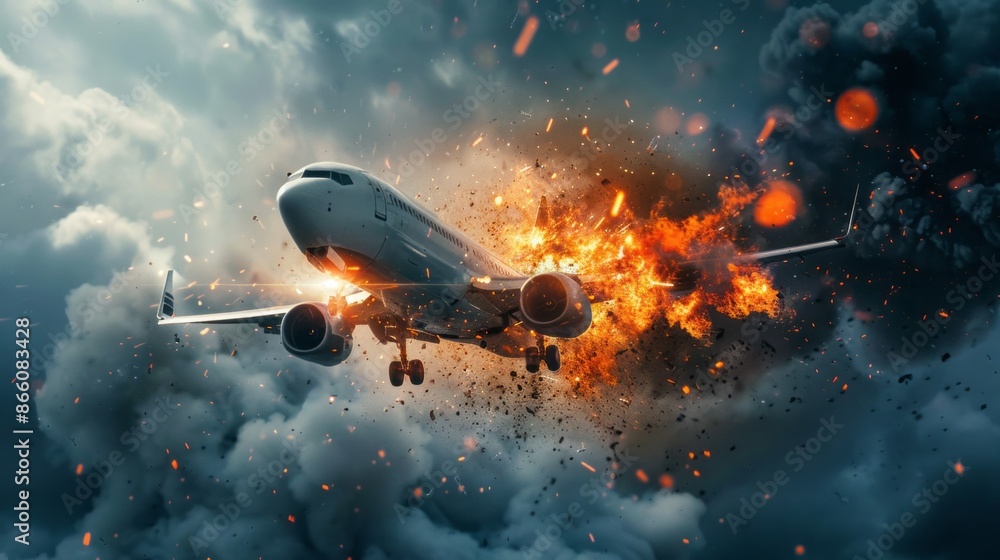 Airplane in Fiery Descent Through Clouds Airplane in Fiery Descent Through Clouds
