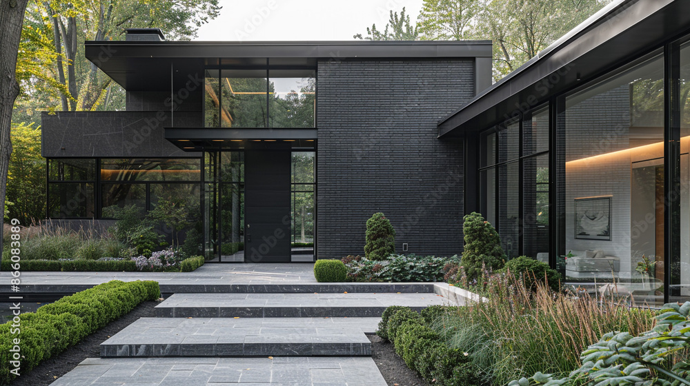 A close-up view of a contemporary home with dark gray fiber cement panels, a sleek black door with vertical glass panels, and minimalist landscaping with concrete pavers. A close-up view of a contemporary home with dark gray fiber cement panels, a sleek black door with vertical glass panels, and minimalist landscaping with concrete pavers.