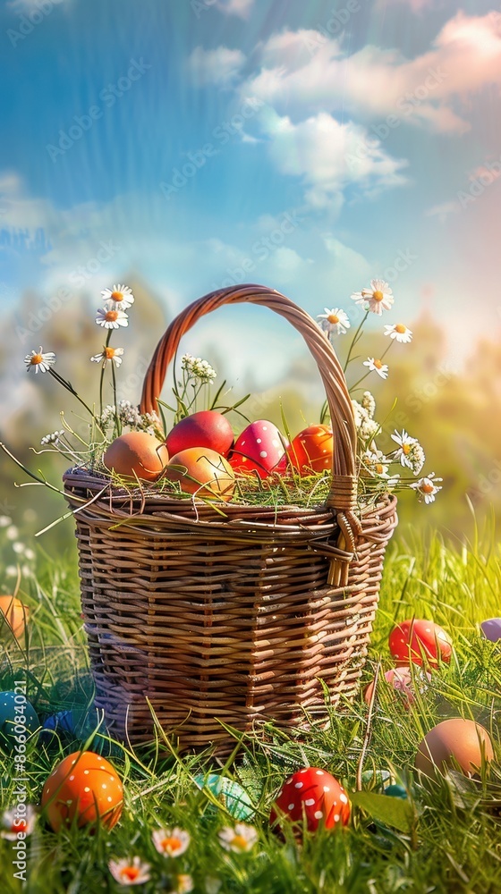 A wicker basket filled with colorful Easter eggs sits in a sunny meadow A wicker basket filled with colorful Easter eggs sits in a sunny meadow