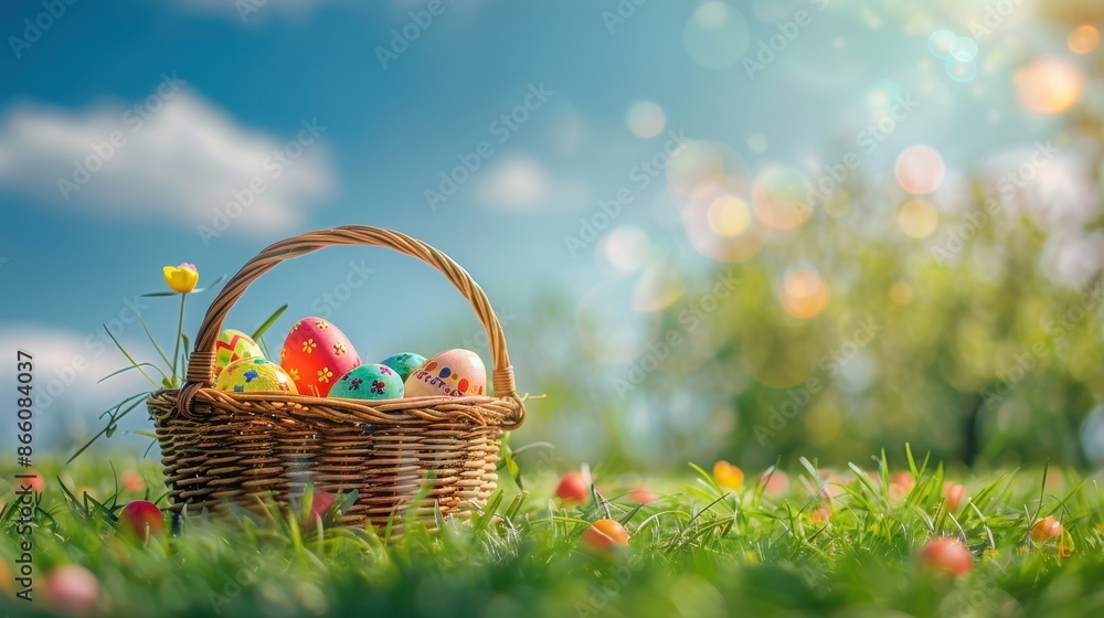 Easter eggs in a basket on a grassy field Easter eggs in a basket on a grassy field