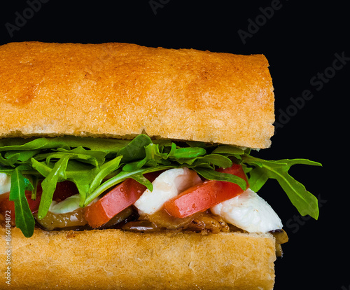 Fresh italian sub sandwich on black background photo