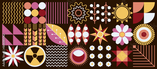 Summer set with spring geometric conceptual patterns. Flowers in the old style of Ukrainian embroidery. Scandinavian style. Mosaic style of simple shape in crimson tones. 