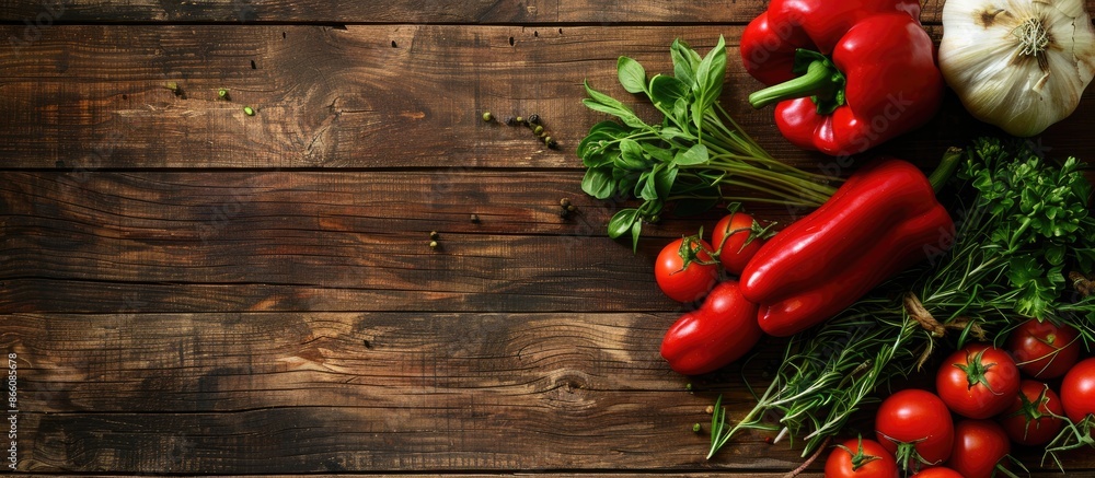 Top view of vegetables arranged on a wooden table with copy space image. Top view of vegetables arranged on a wooden table with copy space image.