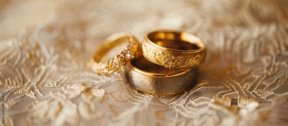 Wedding celebration decor featuring ornate rings, perfect for a copy space image. Wedding celebration decor featuring ornate rings, perfect for a copy space image.