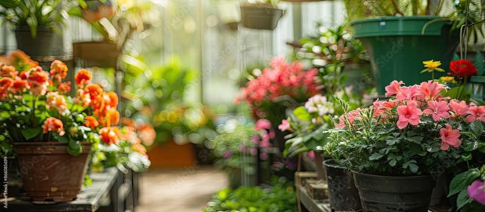 Copy space image of potted flowers and plants displayed in a flower shop and within a greenhouse, showcasing tropical flowers being grown at home with selective focus on natural flora. Copy space image of potted flowers and plants displayed in a flower shop and within a greenhouse, showcasing tropical flowers being grown at home with selective focus on natural flora.