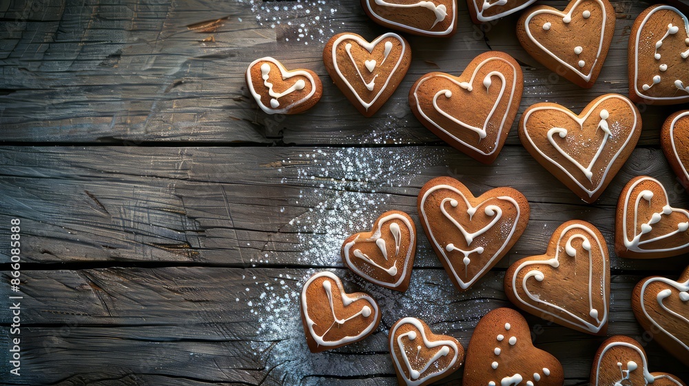 Gingerbread heart cookies on a wooden brown background. Gingerbread heart cookies on a wooden brown background.