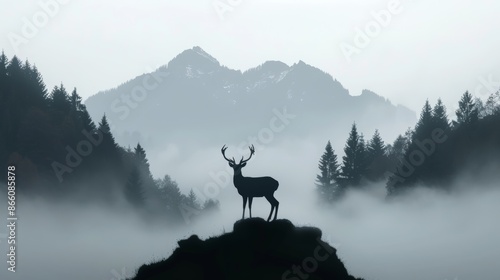 Misty landscape with deer silhouette, fog enveloping hills and trees, majestic mountains, symbol of abundance and longevity, magical forest atmosphere © Alpha