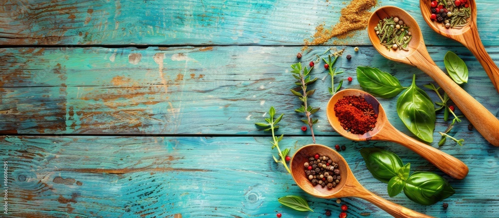 Wooden spoons with herbs and spices on colorful wooden surface create a charming composition with copy space image. Wooden spoons with herbs and spices on colorful wooden surface create a charming composition with copy space image.