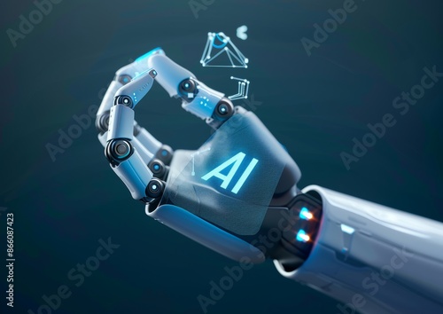 A robot hand holding the word "AI" in its palm