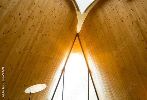 Bilde på lerret Wooden wall and ceiling modern architecture with skylight for nature sunlight to shine bright in the building