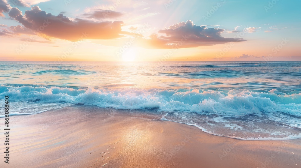 Serene beach scene at sunset, showcasing vibrant ocean hues and tranquil waves. Sandy shores and a picturesque horizon create a breathtaking coastal vista. Serene beach scene at sunset, showcasing vibrant ocean hues and tranquil waves. Sandy shores and a picturesque horizon create a breathtaking coastal vista.