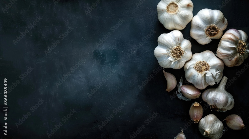 Obraz premium Garlic on dark background with space for text