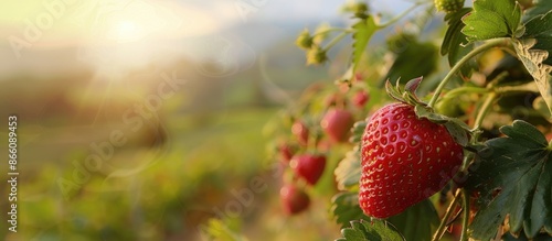 Lush, ripe strawberry on a garden fruit bush, set against a beautiful rural landscape with a strong blurred background, emphasizing the concept of vitamin-rich healthy food. . Copy space image