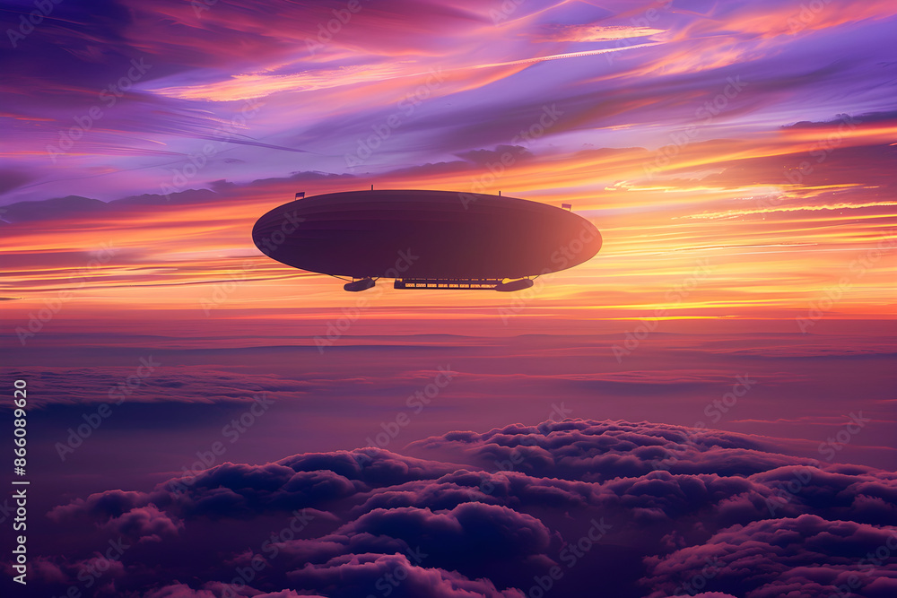 Twilight Drift: Zeppelin Silhouette Floating Against Ethereal Evening Clouds Twilight Drift: Zeppelin Silhouette Floating Against Ethereal Evening Clouds